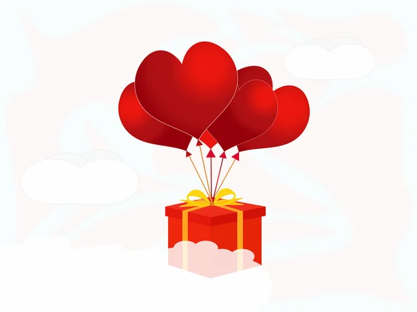 Balloons in the shape of a heart and gift on a background of clouds — Stock Vector