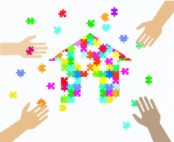 Vier handen zetten multicolor puzzel stukjes samen. Teamwork, samenwerking, business, oplossing, werk concept. — Stockvector