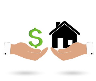 insan eli ile dolar para ve ev. düz stil kavramı tasarlamak. Gayrimenkul konsept vektör çizim.