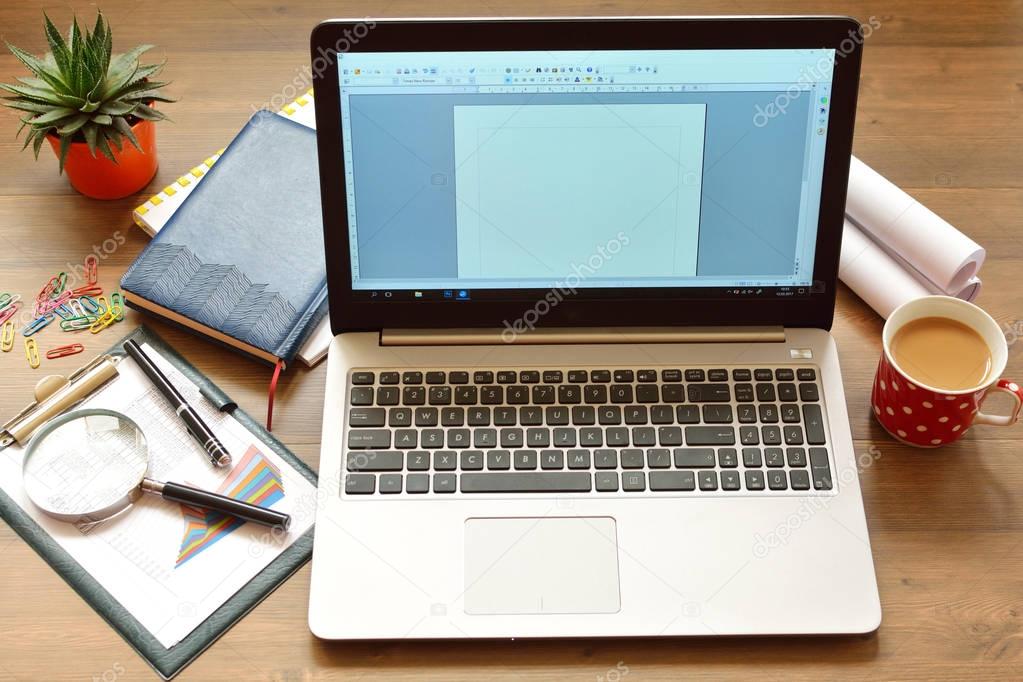 Computer, financial documents (schedules, drawings, layout, plan), notebook, magnifying glass, coffee cup and pot with cactus on a working wooden table