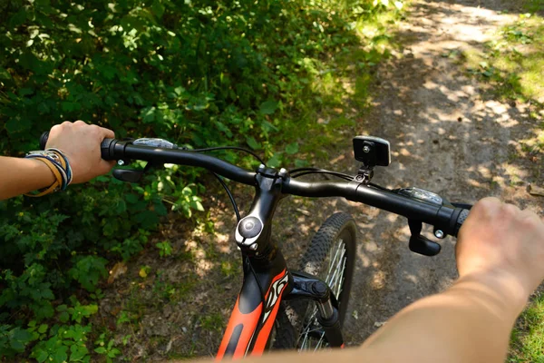 Spaziergänge mit dem Fahrrad durch den Wald an einem sonnigen Sommermorgen. Nahaufnahme. Sport und Natur. — Stockfoto