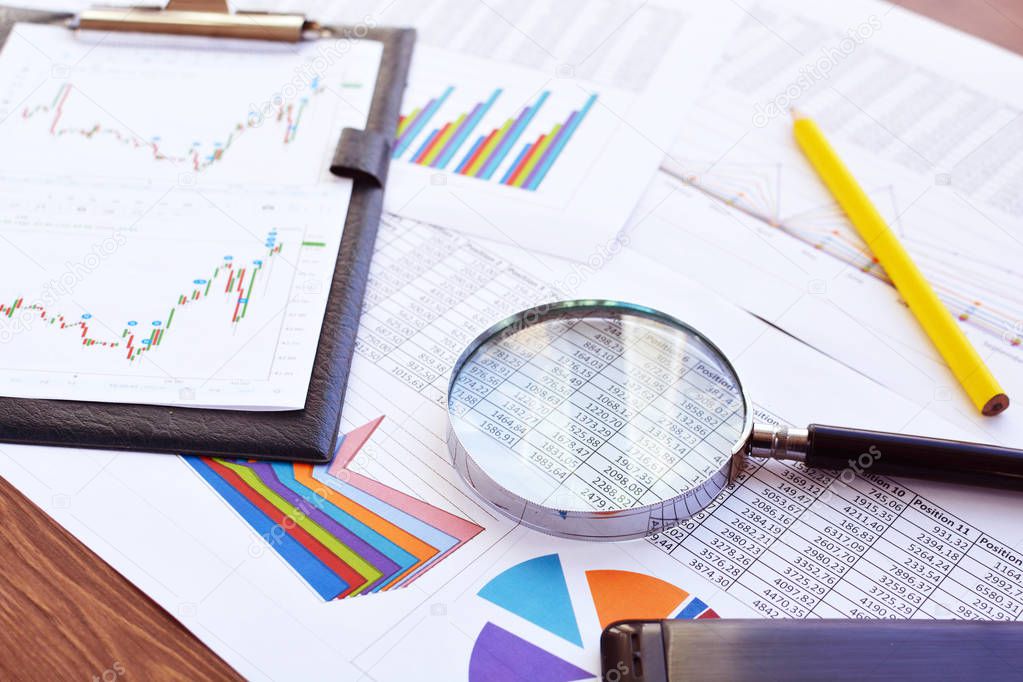 Financial printed paper charts, graphs and diagrams. Science and technology. 
