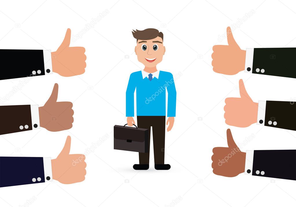 Happy businessman and many hands with thumbs up. Likes and positive feedback concept. Creative vector illustration
