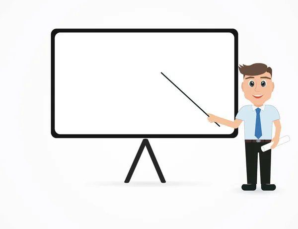 Ilustración vectorial - hombre de negocios explicando y apuntando a pizarra blanca en blanco . — Vector de stock