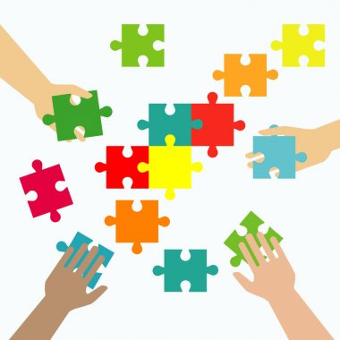 Renkli bulmaca taşıyan iş adamıyla takım çalışması ve bütünleşme kavramı