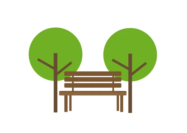 Icono de un banco de madera y dos árboles. Parque y descanso — Vector de stock