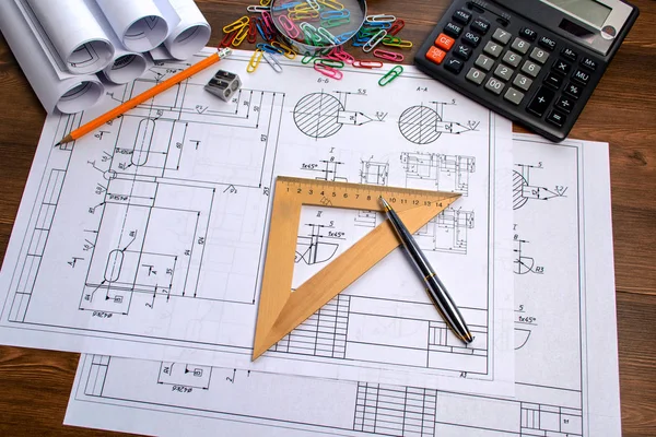 Architekturentwürfe Papier Zeichnungen Bleistift Plan Layout Lineal Taschenrechner Zirkel — Stockfoto