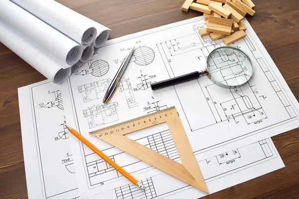 Planos Arquitectónicos Papel Dibujos Lápiz Plano Diseño Regla Calculadora Brújulas —  Fotos de Stock