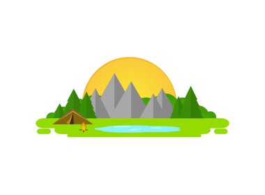 Çadır, dağlar, şenlik ateşi, doğa, ağaç, göl, kamp. Vahşi üzerinde dinlenmek. 