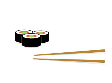 Suşi ve yemek çubukları ile atışında beyaz arka plan, siyah logo şablonu. Tek renkli Japon mutfağı 