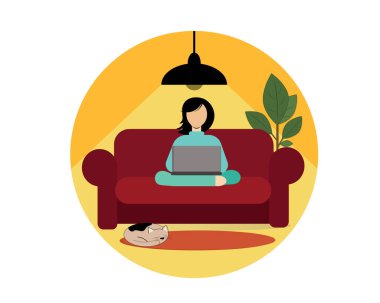 Kız ve kedi evde kanepede otururken dizüstü bilgisayarda çalışıyorlar. Vektör çizimi. Simge.