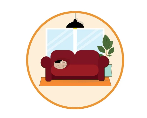 Gato Dorme Sofá Apartamento Acolhedor Com Uma Janela Uma Flor — Vetor de Stock