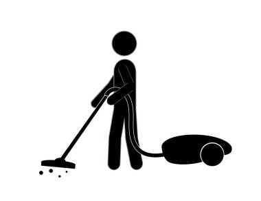 Elektrikli süpürgesi olan bir adam evi temizler. Temizlik ve sağlık.