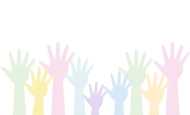 Birçok el kaldırılır (iş, boşluk, yardım, toplum). Vektör resmi, simge.