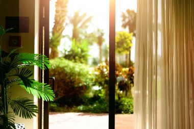 Tropikal görünümü arka plan. Yaz, seyahat, tatil ve tatil kavramı. Açık pencere, kapı ve beyaz perde otel arasında bulanık palm Bahçe Manzaralı. Güneşli bir gün, kopya alanı içinde egzotik bitkiler.