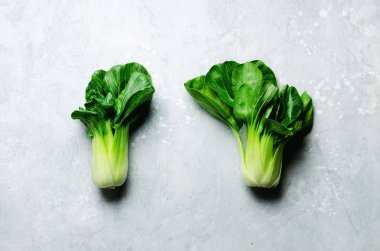 Gri beton zemin üzerine yeşil organik Çin lahanası Çin lahanası. Kopyalama alanı, üstten görünüm, düz lay