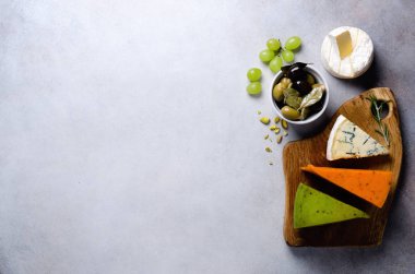 Sert, yarı yumuşak ve yumuşak peynir zeytin, grisini ekmek sopa, Kapari, gri beton artalan üzerinde üzüm ile ürün yelpazesine. Görünümü en çok alanı kopyalayın, yat. Peynir seçimi meze tabağı.