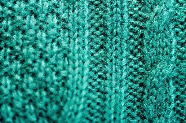 Textura tejida. Patrón de tela hecha de lana. Fondo turquesa, espacio para copiar —  Fotos de Stock