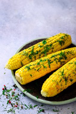 Baharat gri hafif beton zemin üzerine haşlanmış mısır. Kopya alanı