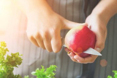 Kesme, elma yeşil smoothie için doğrama eller kadın. Ev yapımı sağlıklı yeşil güler yüzlü. Beyaz mutfak tasarımı. Güneşli sabah güneş ışığı ile. Tonda etkisi