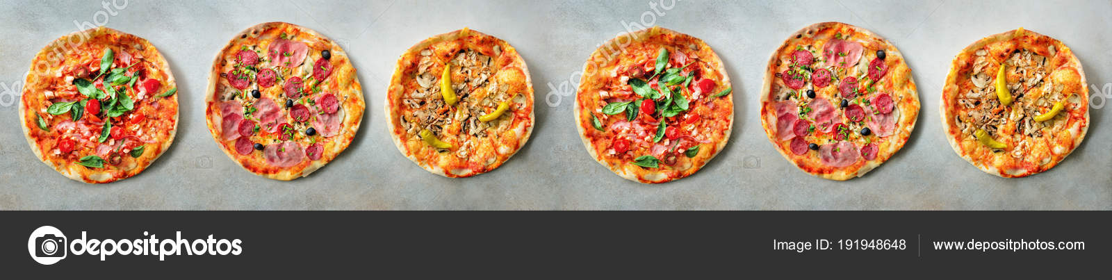 Pizza desen. Altı adet gri beton zemin üzerine ayarlayın. Üstten