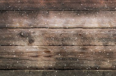 Karlı kahverengi ahşap arka plan. Kopya alanı ile banner