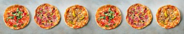 Pizza desen. Altı adet gri beton zemin üzerine ayarlayın. Üstten Görünüm, boşaltmak