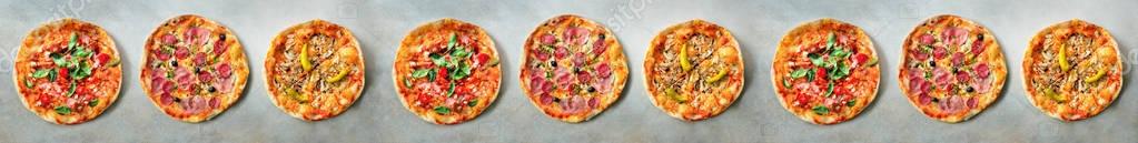 Pizza pattern. Nine pieces set on grey concrete background. Top view, copyspace