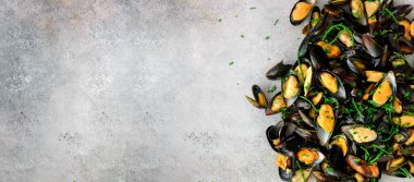 Midye taş beton zemin üzerine. Görünümü en çok, uzay kopyalayın. Afiş