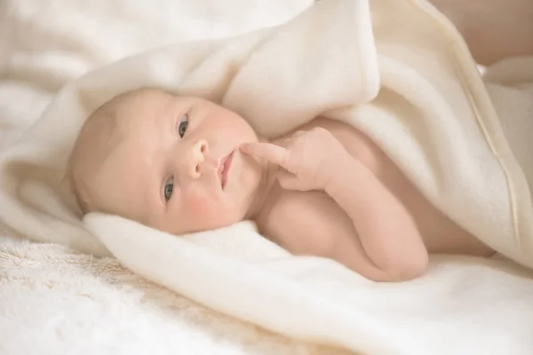 Neugeborener kleiner Junge. Baby in einer cremigen Decke einwickeln. 13 Tage alt. Kopierraum für Ihren Text. Mutterschaft, Familie, Geburtskonzept. — Stockfoto