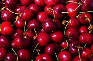 Kırmızı Kiraz arka plan su damlaları ile. Üstten Görünüm. Yaz ve hasat kavramı. Vegan, vejetaryen, çiğ gıda