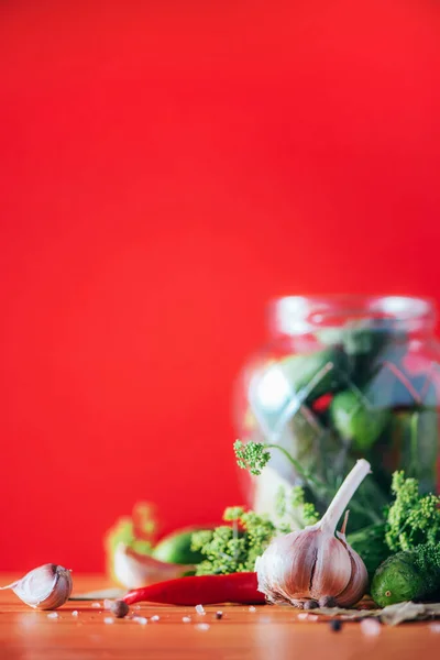 Ingredienti, spezie ed erbe per l'inscatolamento di cetrioli su fondo rosso. Ricevuto. Fiori di aneto, foglia di alloro, foglia di rafano, aglio, cetriolini . — Foto Stock