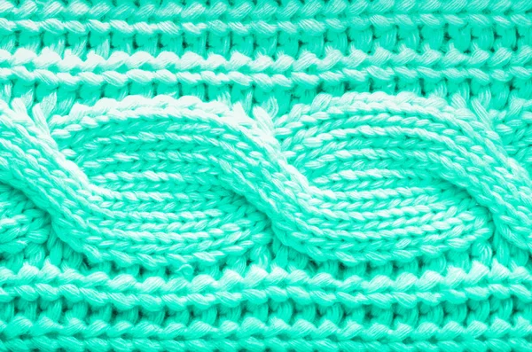 Textura tejida. Patrón de tela hecha de lana en color menta. Fondo, espacio de copia. Color verde y turquesa de moda . —  Fotos de Stock