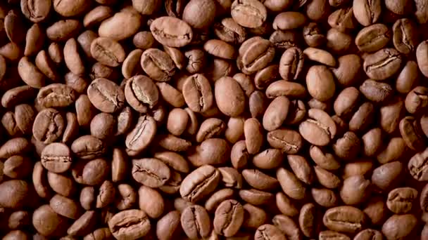 Καβουρδισμένοι κόκκοι καφέ στην ράχη της ράχης. Στο πάνω μέρος. Cappuccino, σκουρόχρωμος espresso, άρωμα μαύρο καφεΐνη, συστατικό για ροφήματα καφέ. — Αρχείο Βίντεο