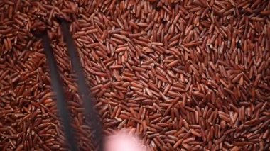 Çiğ organik pirinç çileği, esmer pirinç karışımı arka planda karışık doku. Yemek malzemesi konsepti. Üst düzey, sağlıklı yaşam tarzı.