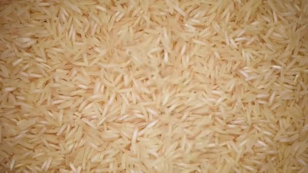 Fehér nyers bio basmati rizs forgatási háttér. Élelmiszer-összetevő háttér. Top view, egészséges életmód koncepció. — Stock videók