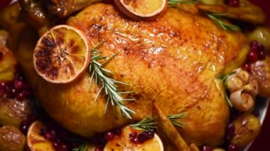 Noel aile yemeği. Otlu kızarmış tavuk, portakal, döner arka planda kızılcık, yavaş çekim.