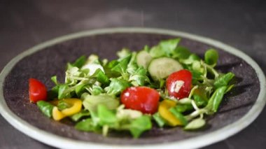 Sebze salatasına tuz, salatalık, domates ve biber ekleyen bir kadın. Taş tabağa düşen yeşil salatayı karıştırıyorum. Üst Manzara. Vegan ve çiğ gıda konsepti.