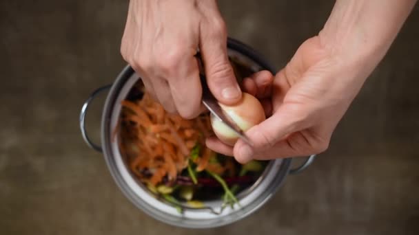 Resíduos alimentares reduzem. As mulheres lançam o descascamento vegetal, sucatas e cascas de fruto no balde de composto. Vista superior. Classificação de resíduos domésticos, compostagem, reciclagem, zero resíduos — Vídeo de Stock