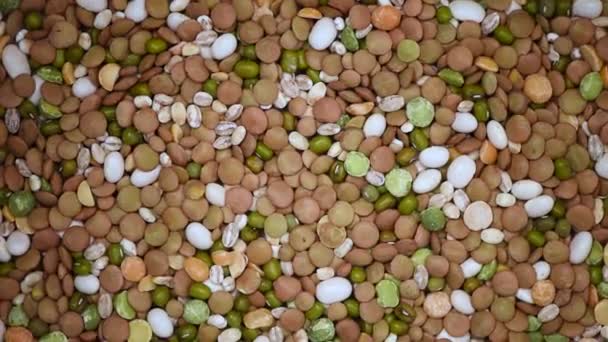 Haricots sur fond rotatif. Texture des grains et des graines. Contexte de l'ingrédient alimentaire. Vue de dessus, concept de mode de vie sain. Nutrition saine végétalienne — Video