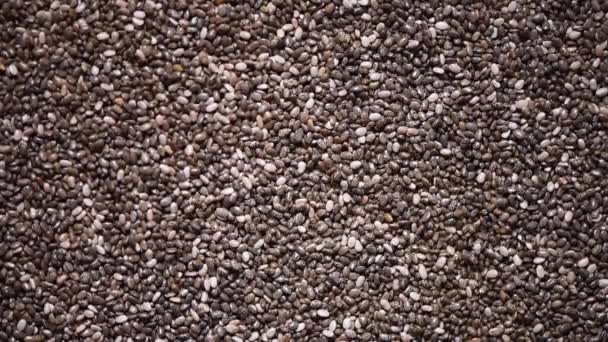 Chia seeds on rotation background. Healthy food, super seeds texture. Food ingredient background. Top view, healthy lifestyle concept. Vegan healthy nutrition. Cooking process. — Stock Video