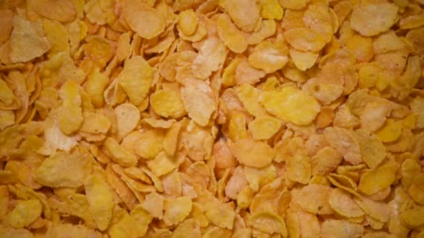 Goldene Cornflakes zum Frühstück auf rotierendem Hintergrund. Hintergrund der Lebensmittelzutaten. Draufsicht, gesundes Lebensstil-Konzept. Vegane gesunde Ernährung — Stockvideo