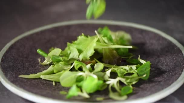 Vegan και ωμό φαγητό έννοια. Αναμειγνύοντας πράσινη σαλάτα που πέφτει σε πέτρινο πιάτο. Άνω όψη. — Αρχείο Βίντεο