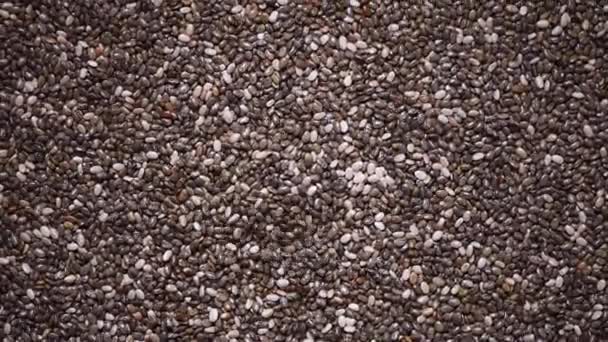 Chia seeds on rotation background. Healthy food, super seeds texture. Food ingredient background. Top view, healthy lifestyle concept. Vegan healthy nutrition. Cooking process. — Stock Video