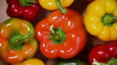 Arka planda dolgun biberler. Üst Manzara. Vegan ve çiğ gıda konsepti. Parlak renkli sebzeler