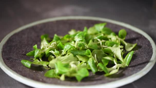 Concepto de comida vegana y cruda. Mezcla de ensalada verde cayendo en plato de piedra. Vista superior . — Vídeos de Stock