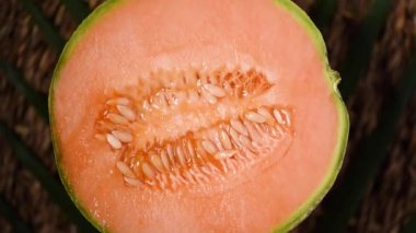 Arka planda turuncu kavun. Üst Manzara. Egzotik meyve, tropik palmiye dalı. Vegan ve çiğ gıda konsepti. Kavun, kavun, bitki.