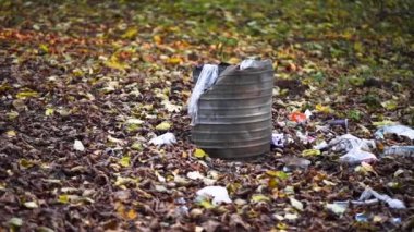 Ormanda bir paket plastik çöp. Doğa kirliliği. Piknikten sonra atık dolu çöp kutusu. Çevre kirliliği