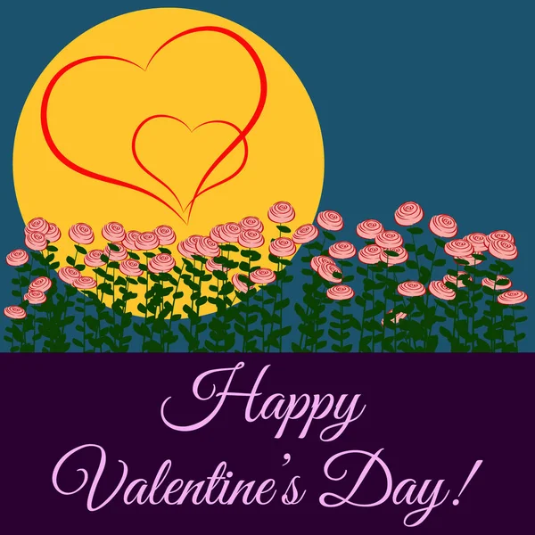 З днем Святого Валентина. Троянди, місяць і два серця на фоні . — стоковий вектор