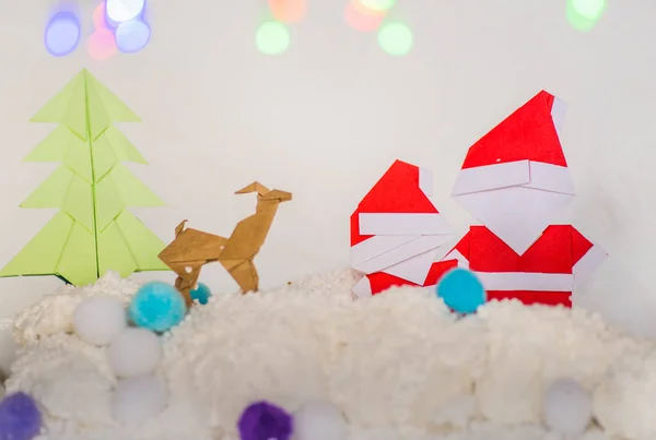 산타 클로스, 크리스마스 나무, 순 록 크리스마스 종이 공예 — 스톡 사진